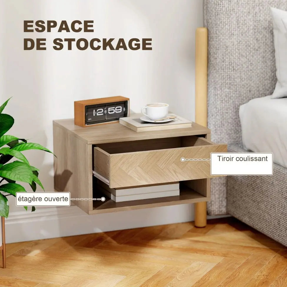 Lot de 2 Tables de Chevet Murales Suspendues Beiges en Bois