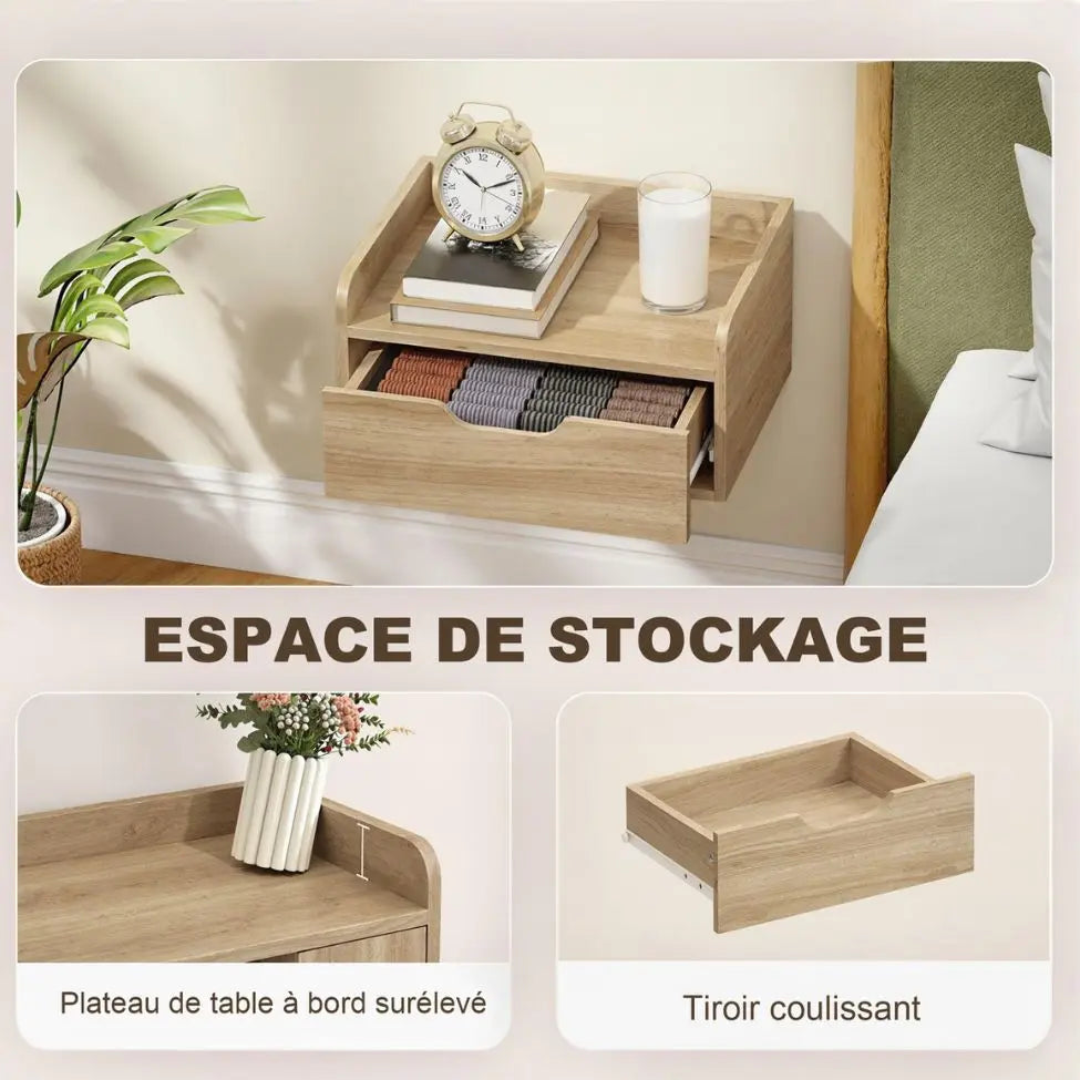 Lot de 2 Tables de Chevet Beige Murale Suspendue en Bois