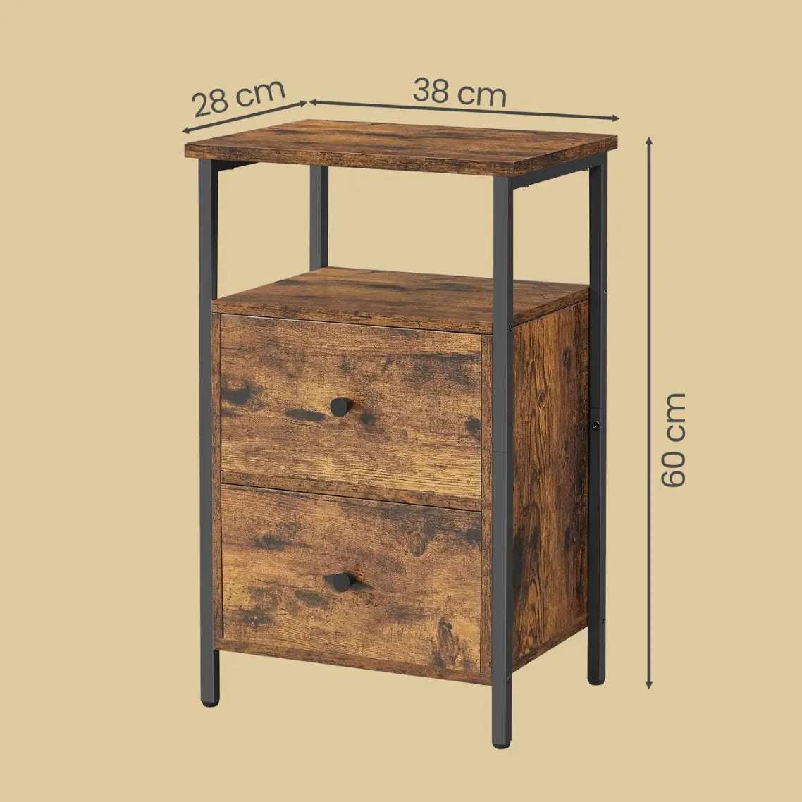 Table de chevet industrielle bois foncé haute à 2 tiroirs