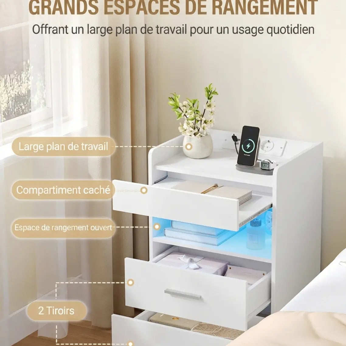 Table de chevet moderne design LED en bois prise USB