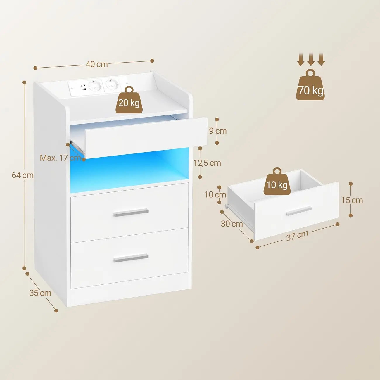 Table de chevet moderne design LED en bois prise USB