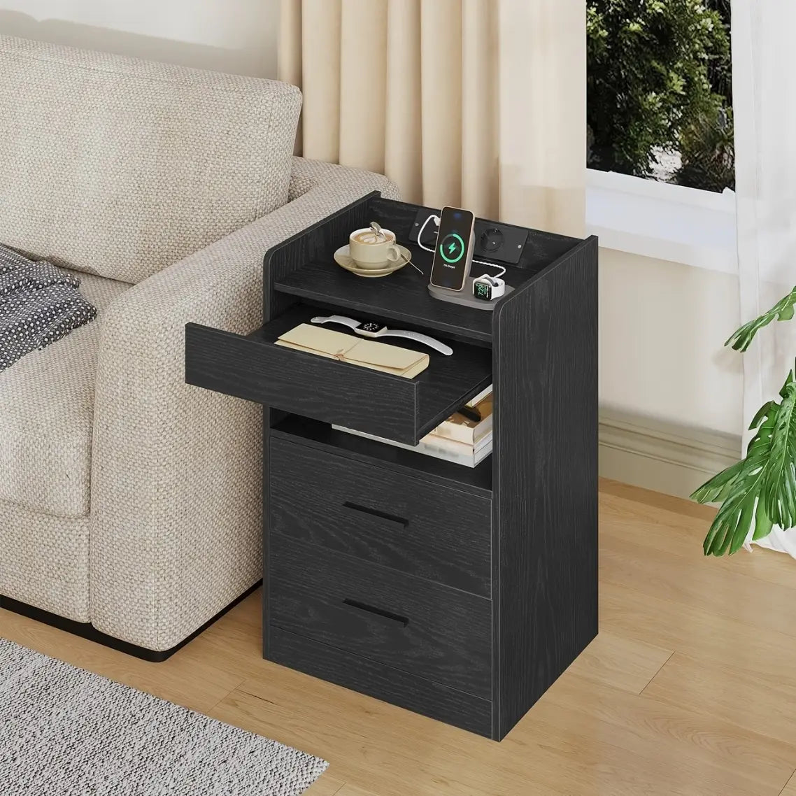 Table de chevet moderne design LED en bois prise USB