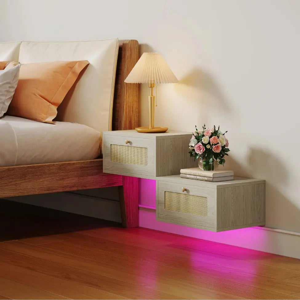 Table de Chevet Murale Suspendue en Bois Clair avec LED