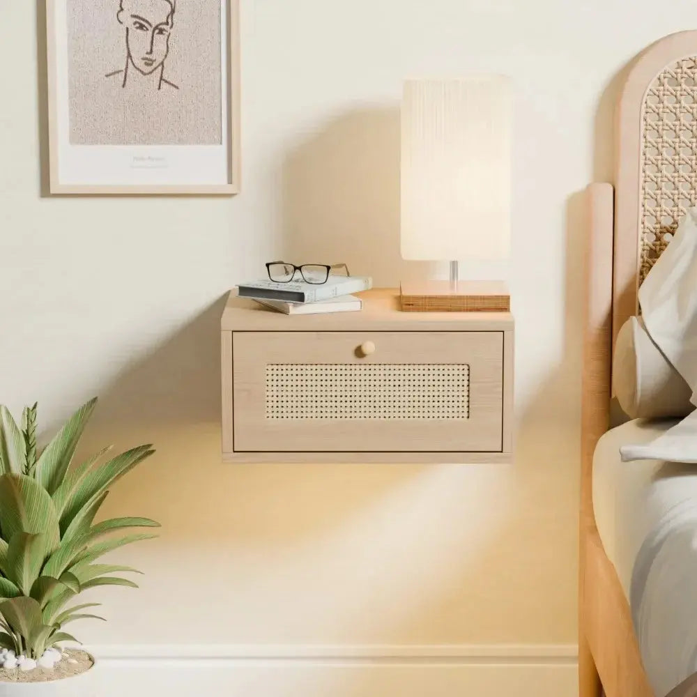 Table de Chevet Murale Suspendue en Bois Clair avec LED