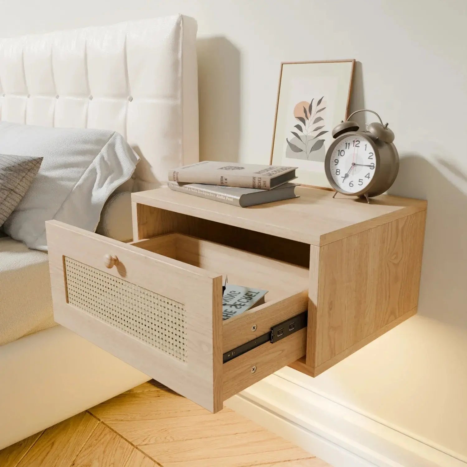 Table de Chevet Murale Suspendue en Bois Clair avec LED