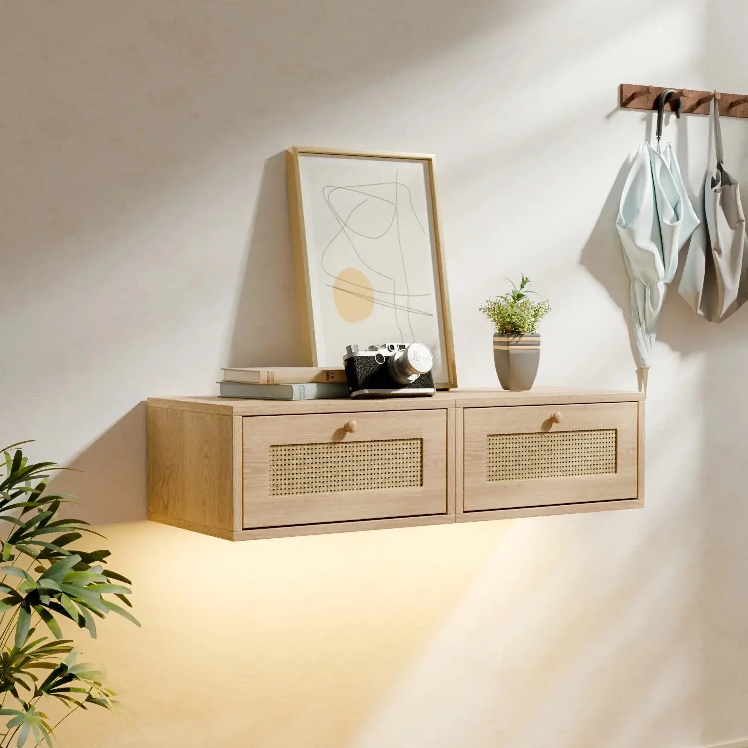 Table de Chevet Murale Suspendue en Bois Clair avec LED