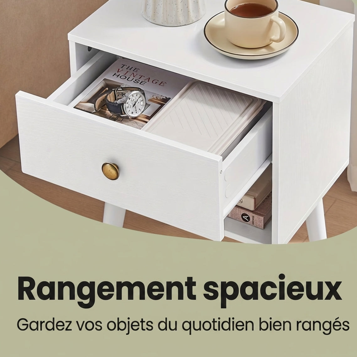 Table de chevet scandinave en bois massif blanc