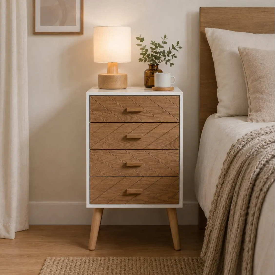 Table de chevet scandinave haute en bois avec 4 tiroirs