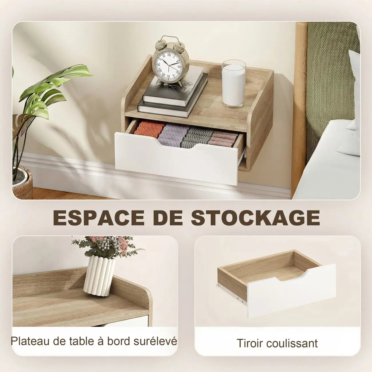Lot de 2 tables de chevet scandinaves murales suspendues