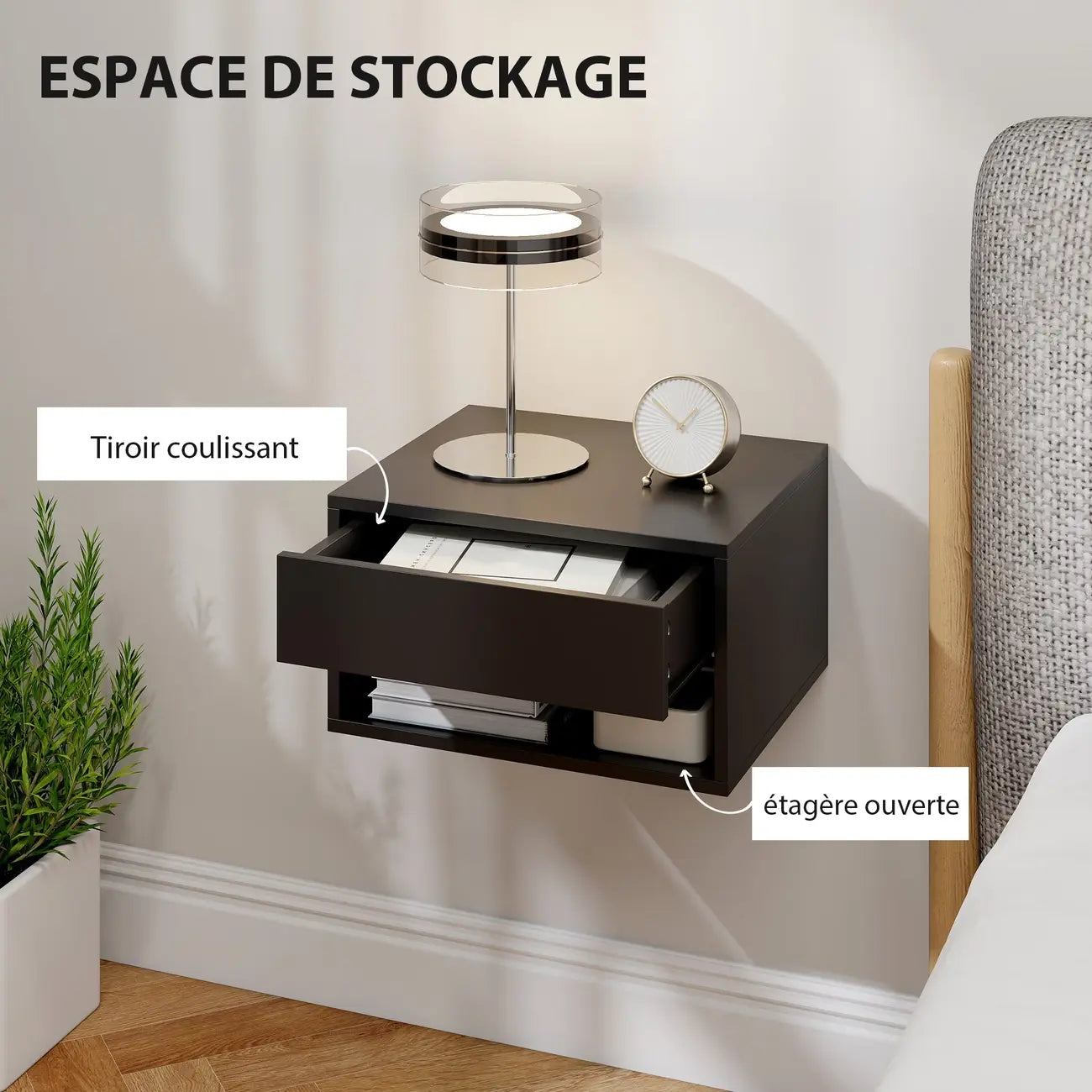 Lot de 2 Tables de Chevet Murales Suspendues Modernes Noires
