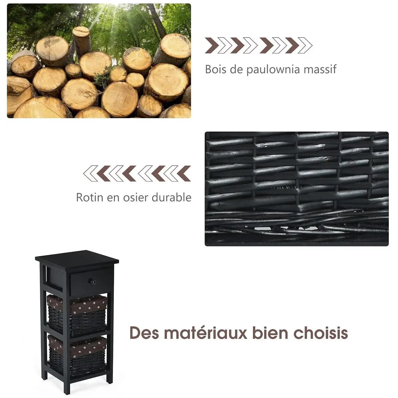 Table de chevet vintage haute noire à 1 tiroir avec paniers en osier