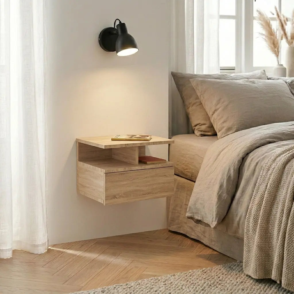 Table de chevet suspendue en bois clair Image