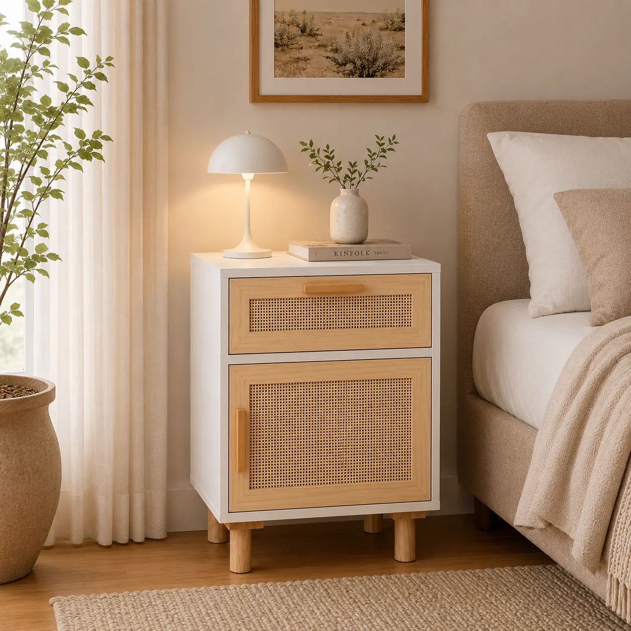 Table de chevet en cannage et rotin blanche Image