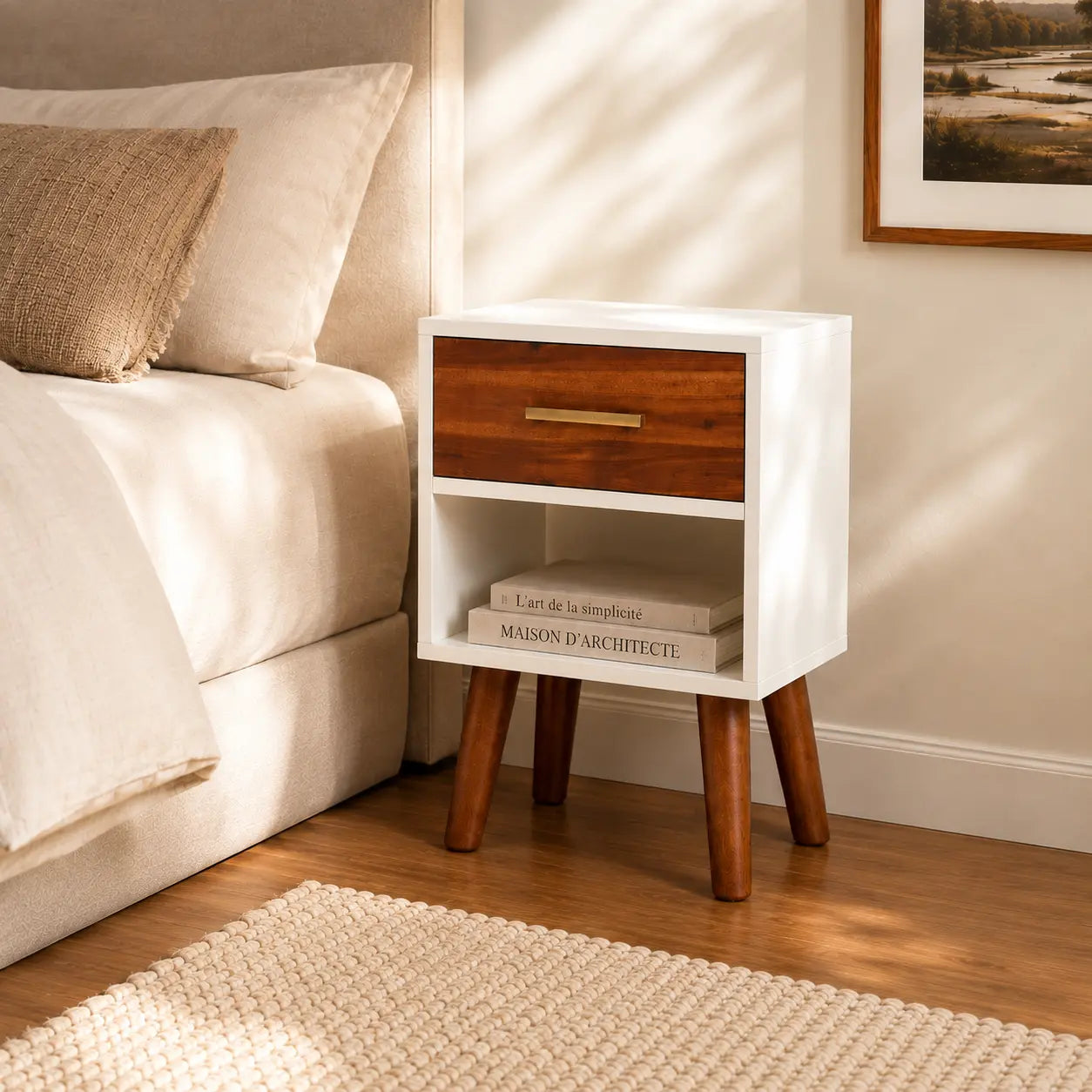 Table de chevet haute en bois massif blanche Image