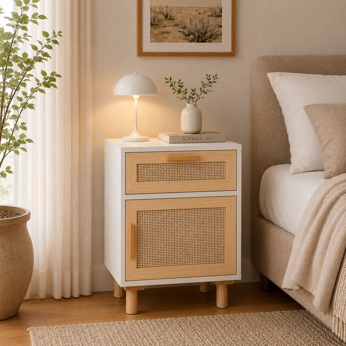 Table de Chevet Bois Massif et Rotin Naturel