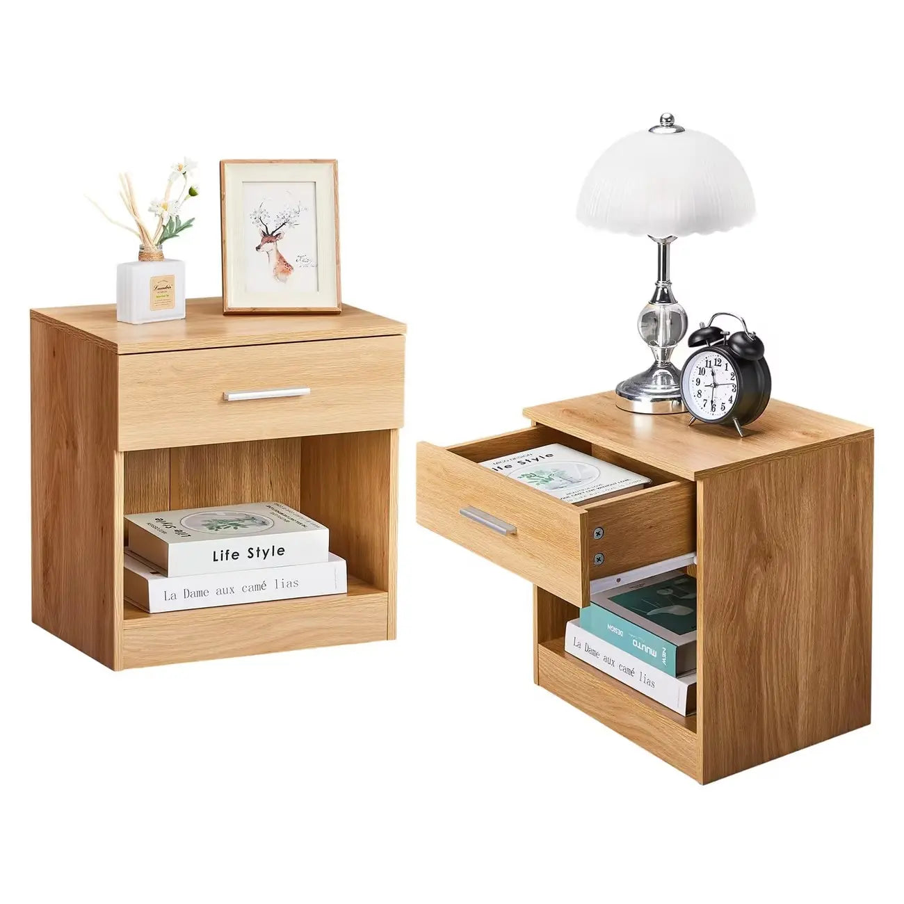 Table de chevet moderne en bois clair à 1 tiroir avec rangement