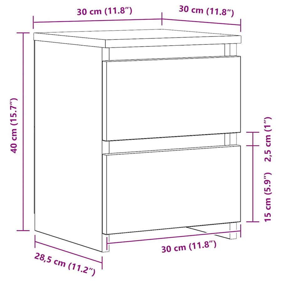 Schéma coté de Table de Chevet Moderne Bois 2 Tiroirs
