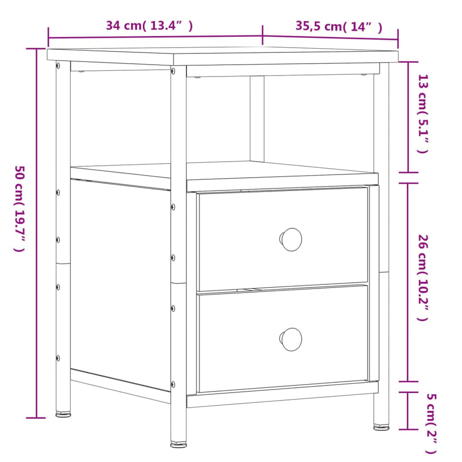 Schéma coté de Table de Chevet Industrielle Bois et Métal