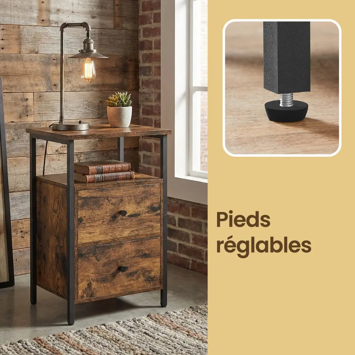 Table de chevet industrielle bois foncé haute à 2 tiroirs