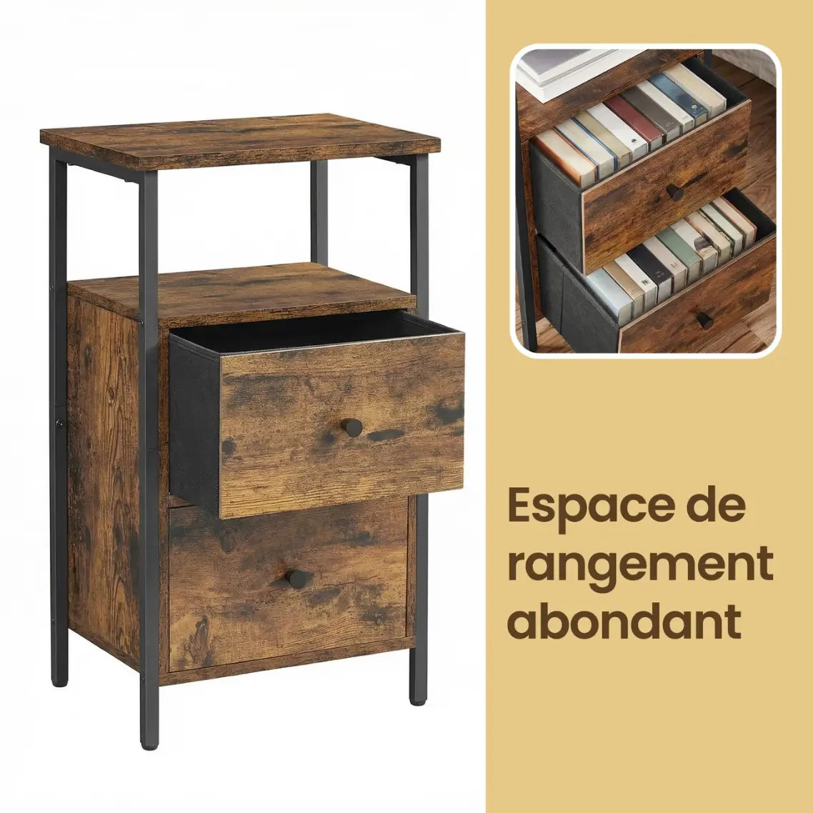 Table de chevet industrielle bois foncé haute à 2 tiroirs