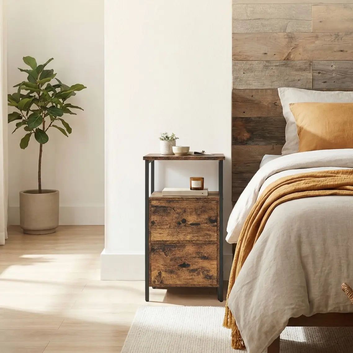Table de chevet industrielle bois foncé haute