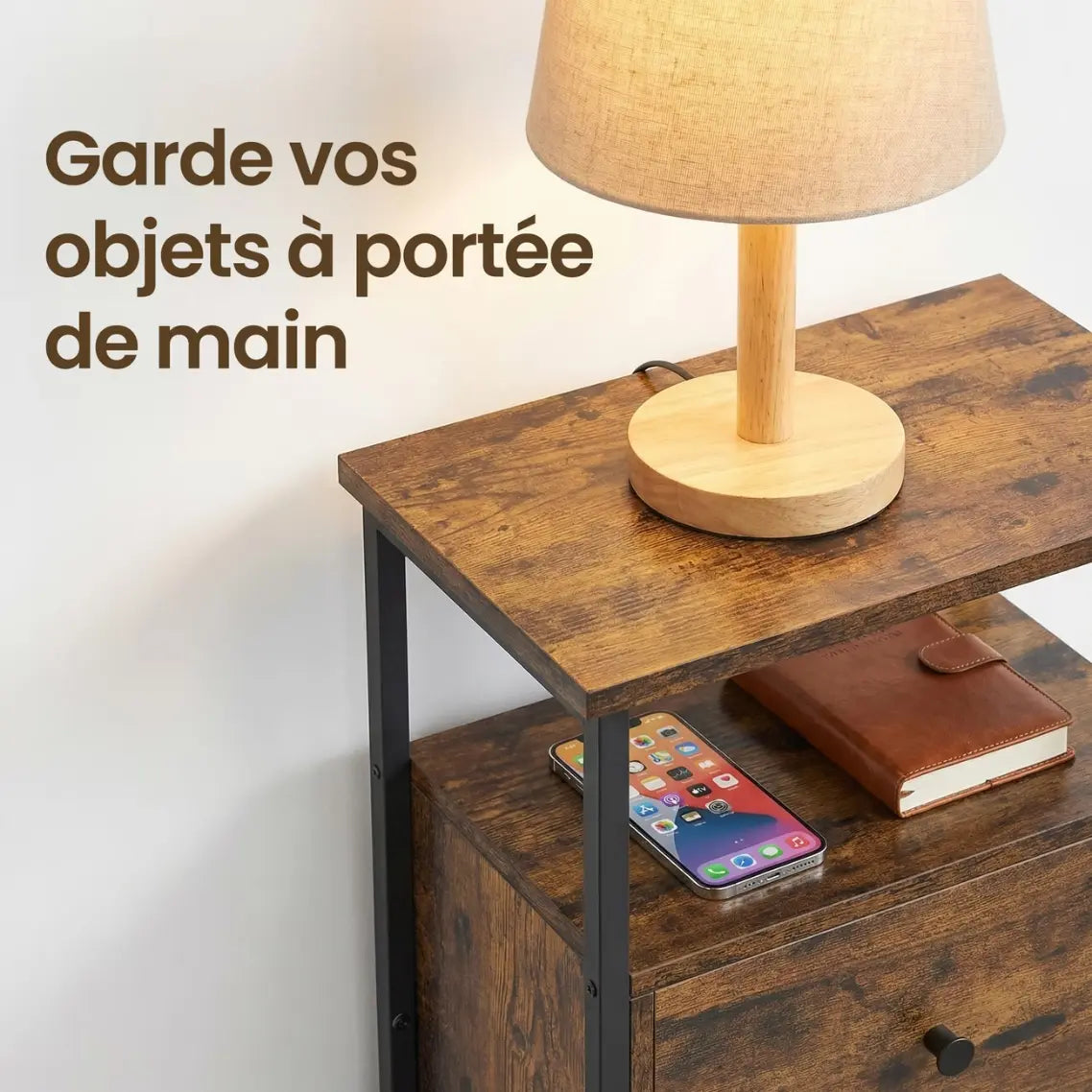 Table de chevet industrielle bois foncé haute à 2 tiroirs