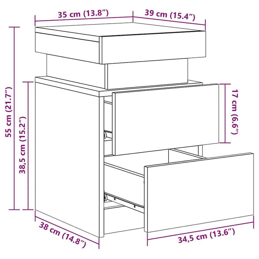 Schéma coté de Table de Chevet Bois avec LED