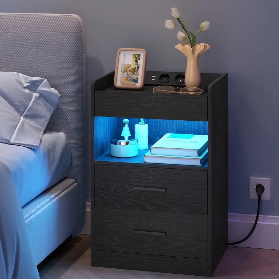 Table de chevet moderne design LED en bois noire