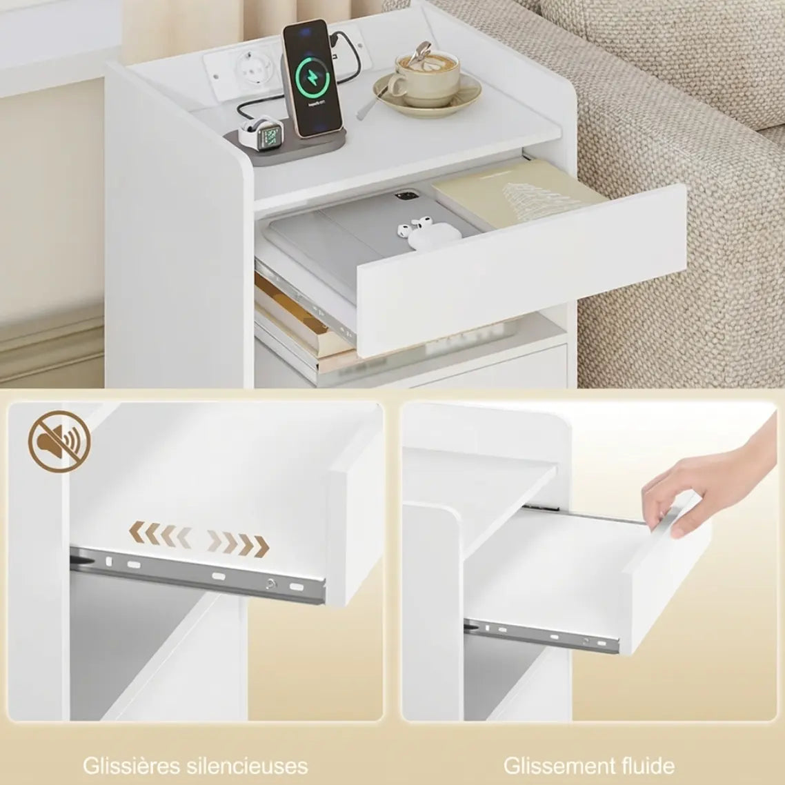 Table de chevet moderne design LED en bois prise USB