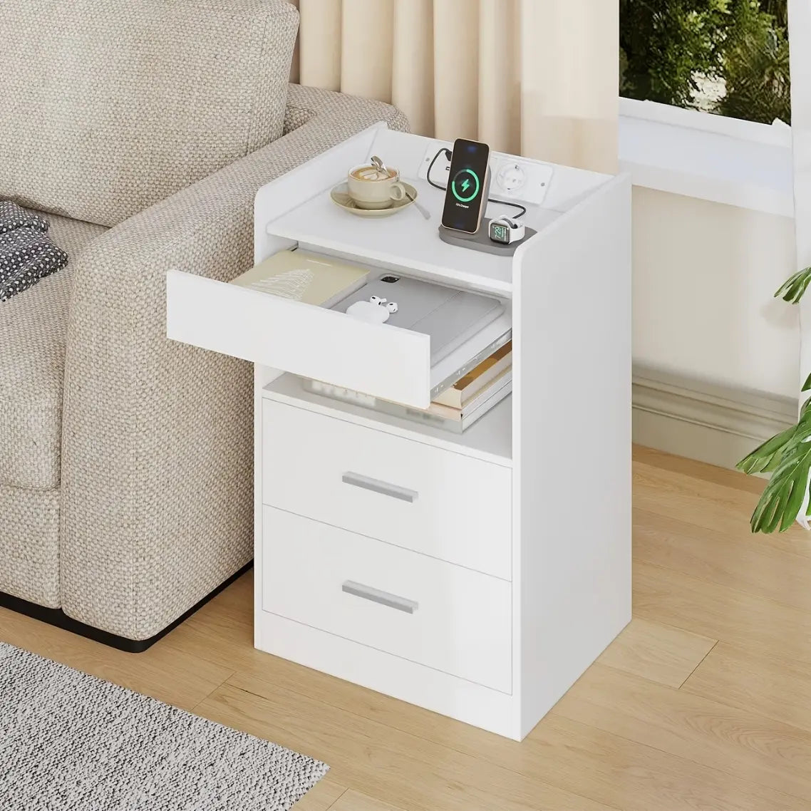 Table de chevet moderne design LED en bois prise USB