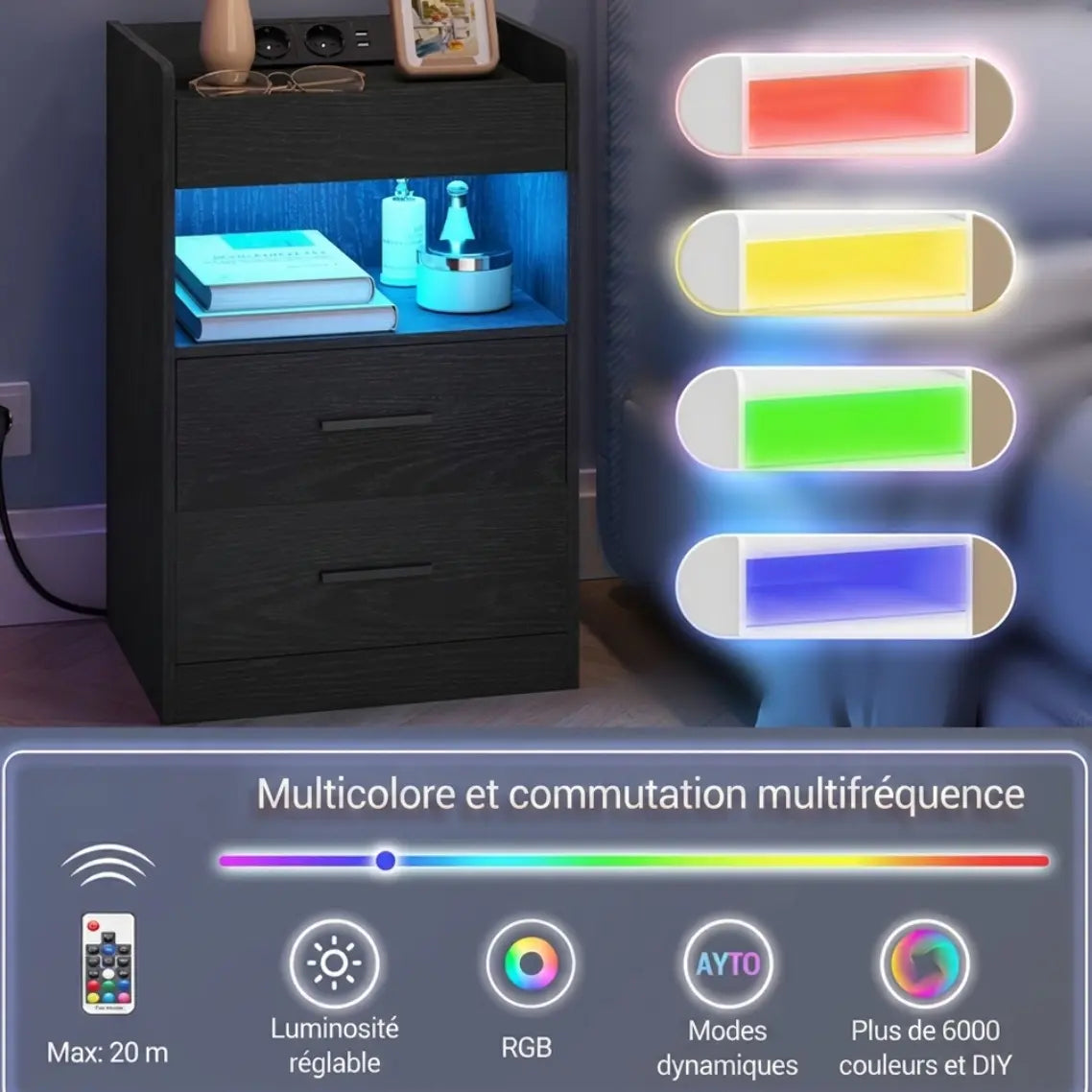 Table de chevet moderne design LED en bois prise USB