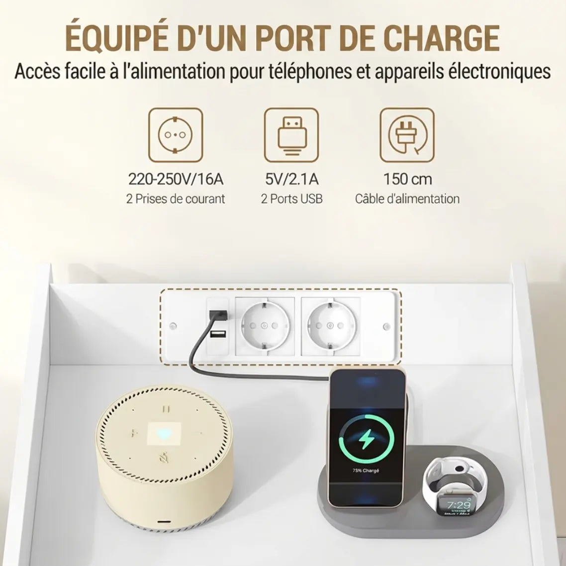 Table de chevet moderne design LED en bois prise USB