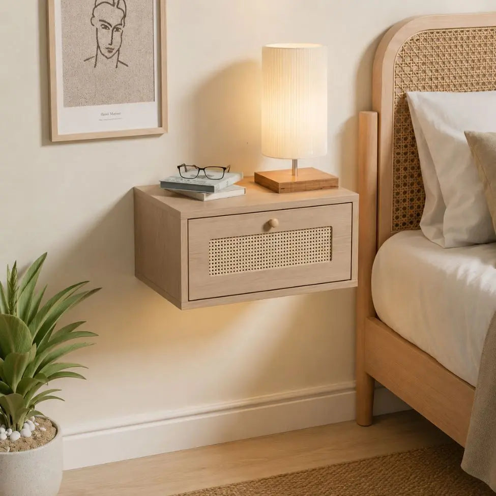 Table de Chevet Murale Suspendue en Bois Clair avec LED