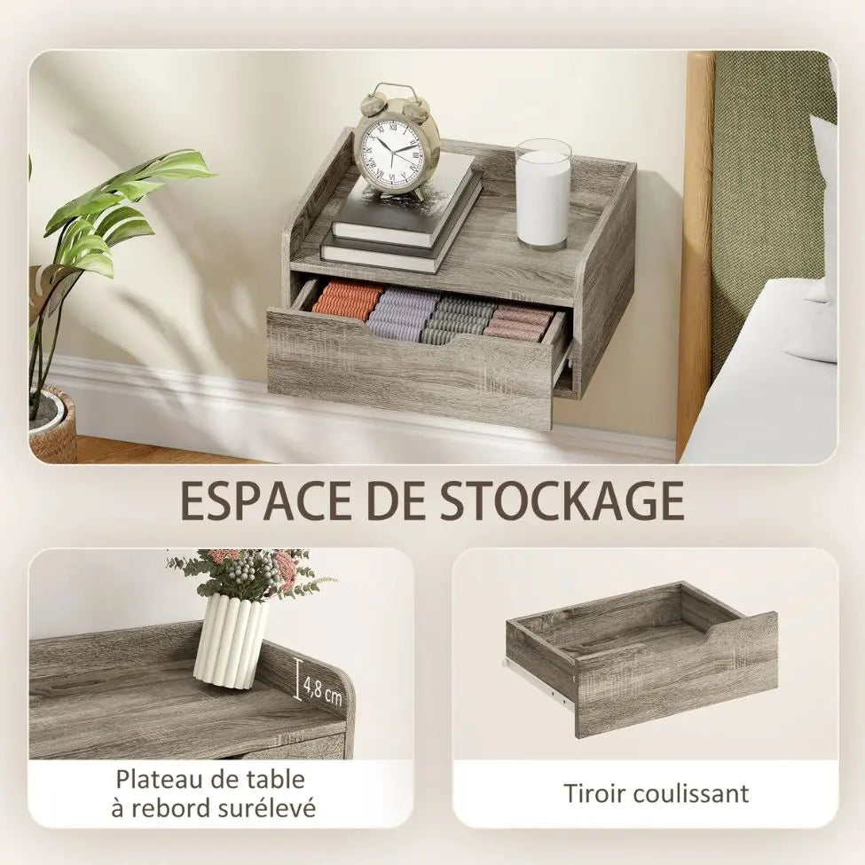 Lot de 2 Tables de Chevet Murales Suspendues Moderne en Bois Grise