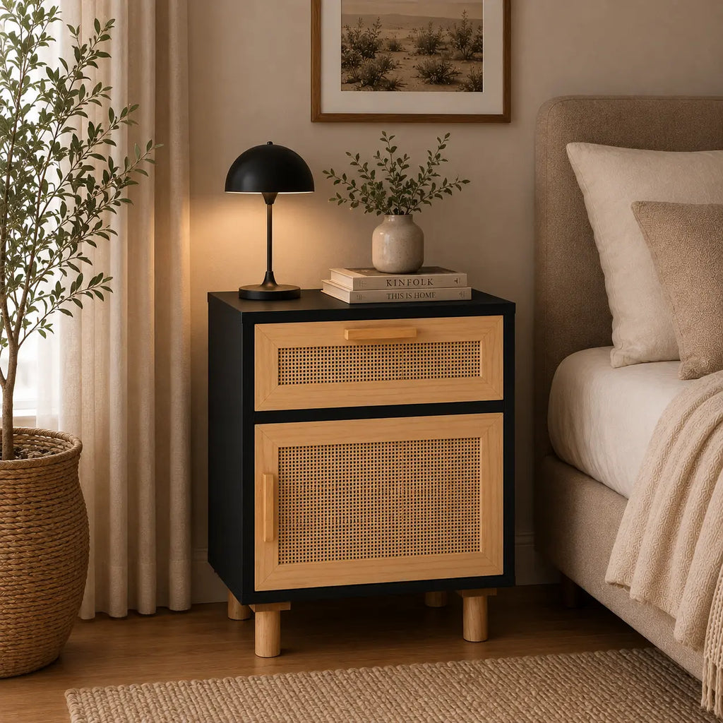 Table de Chevet Bois Massif et Rotin Naturel
