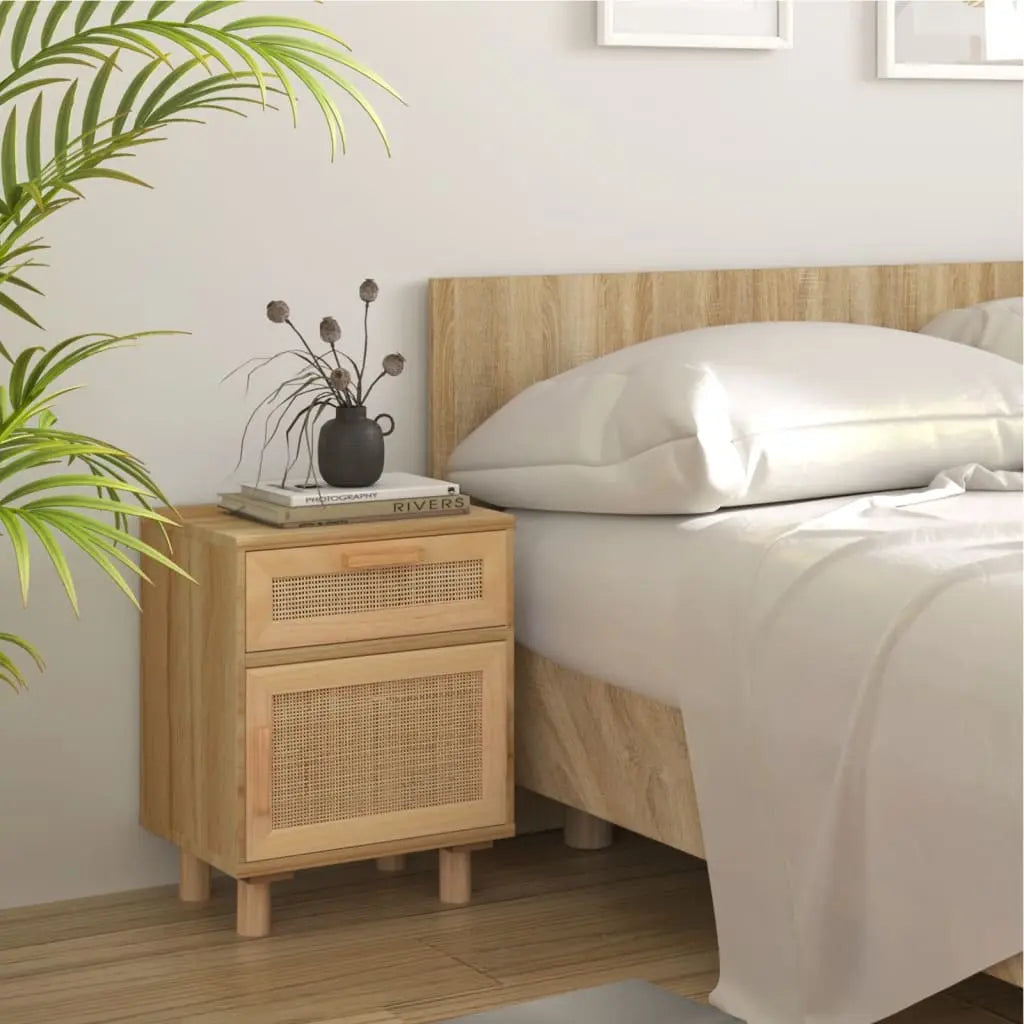 Table de Chevet Bois Massif et Rotin Naturel