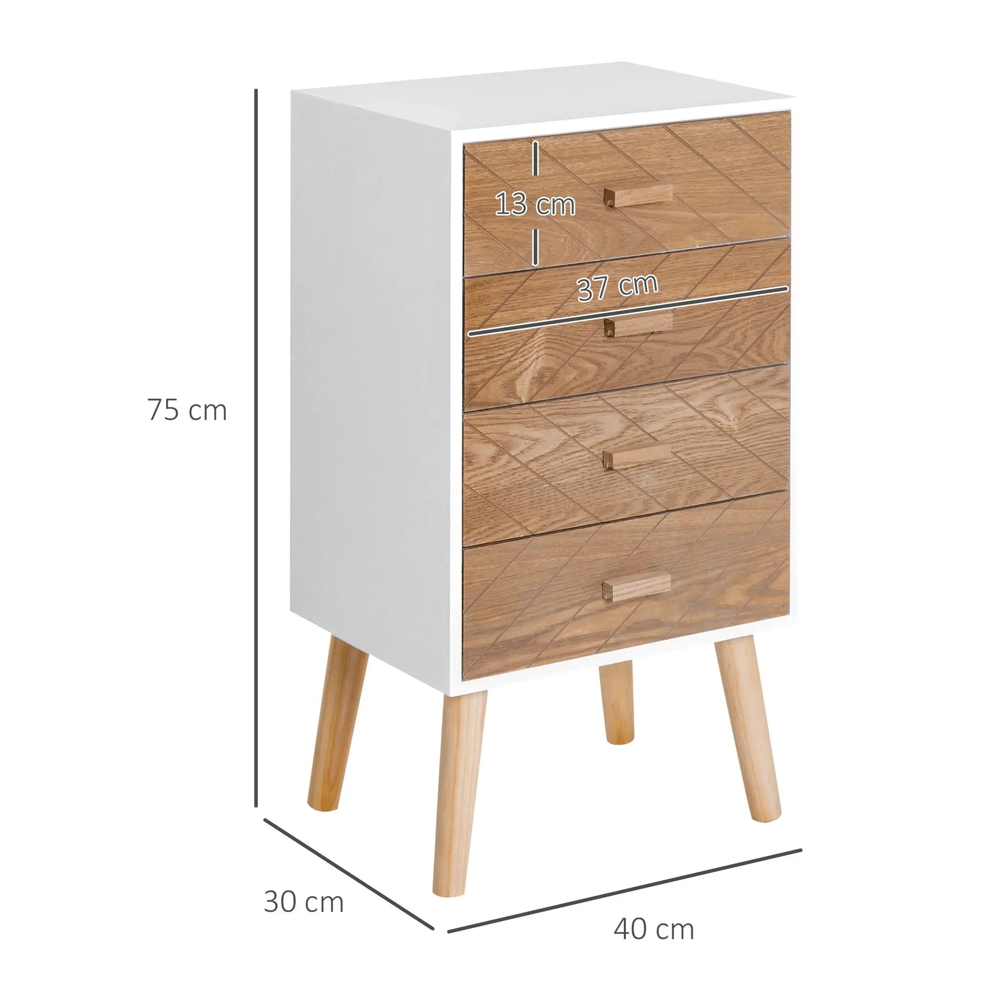 Table de chevet scandinave haute en bois avec 4 tiroirs