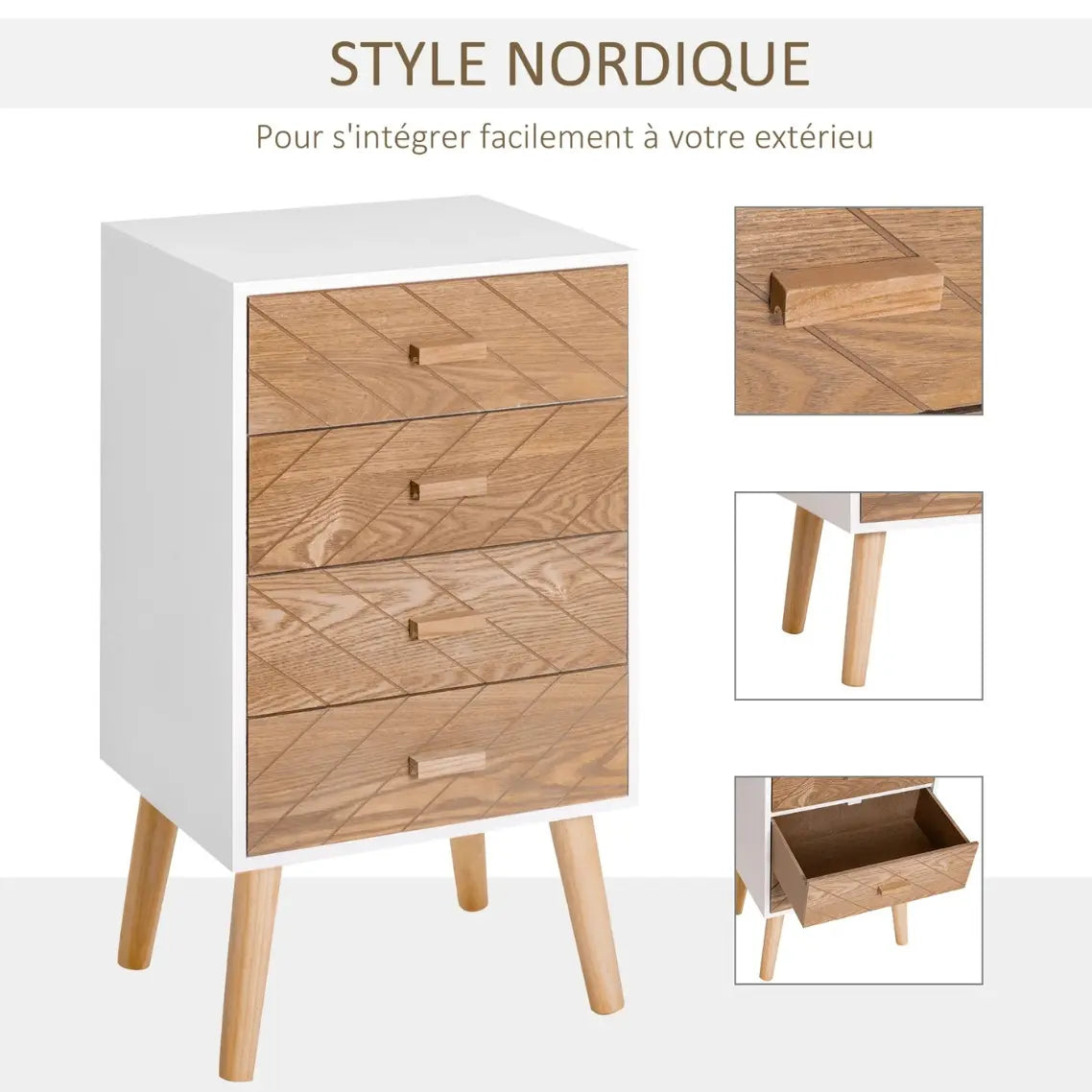Table de chevet scandinave haute en bois avec 4 tiroirs