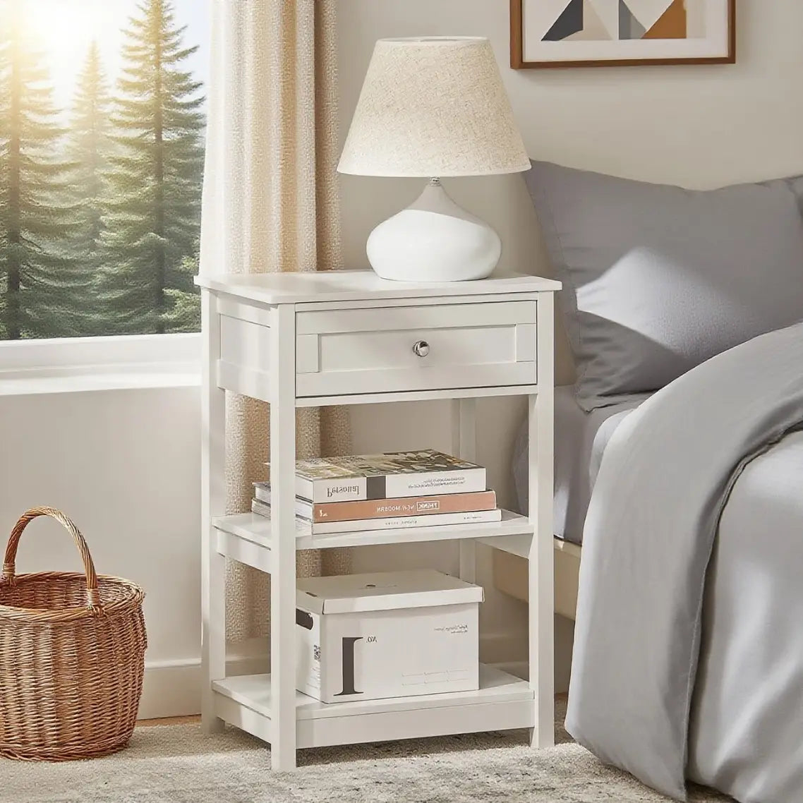 Table de chevet vintage bois blanc haute